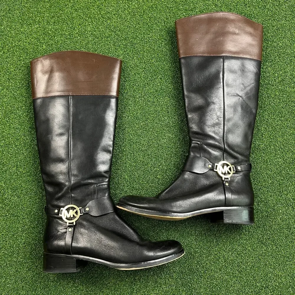 Michael Kors Black Mocha Leather Riding Fulton Harness Boots 10M - Picture 1 of 5